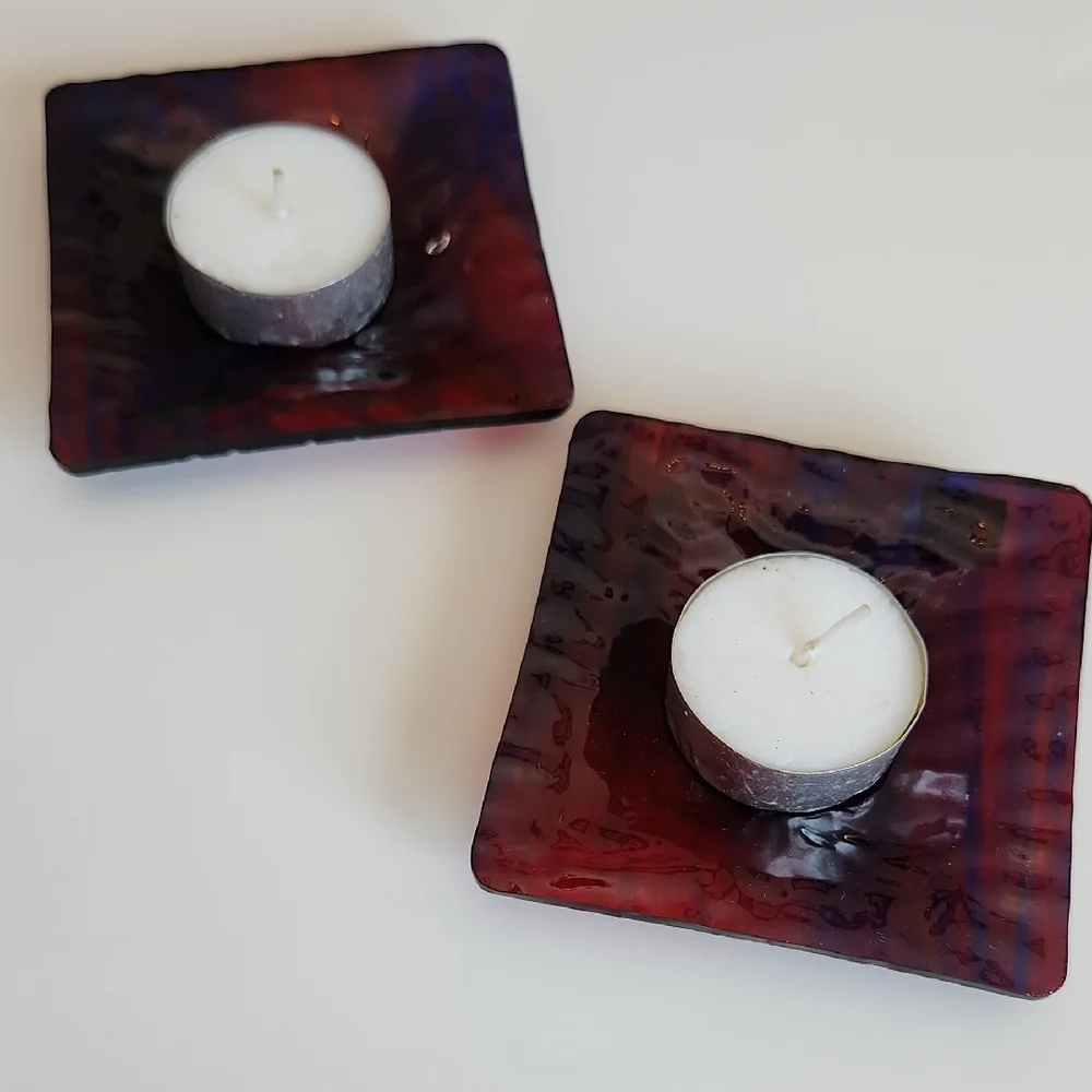 Pair Of Red and Purple Textured Glass Candle Holders Or Ring / Trinket Trays